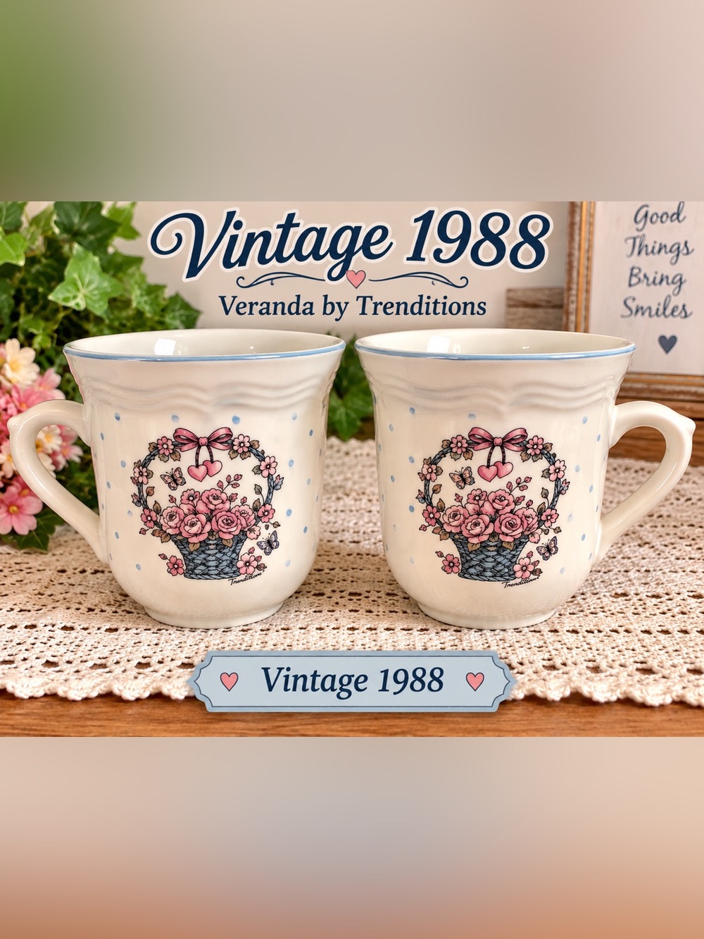 Vintage 1988 Veranda Trenditions Country Blue Floral Mugs Set of 2